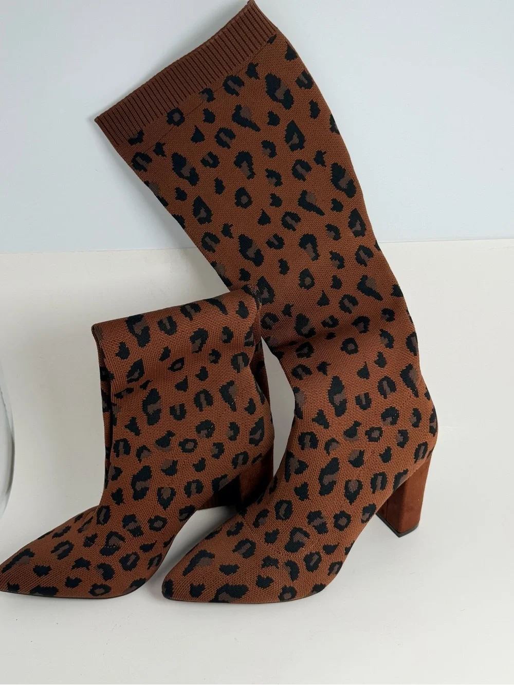 Leopard Knit Sock Ankle Boots - Brown